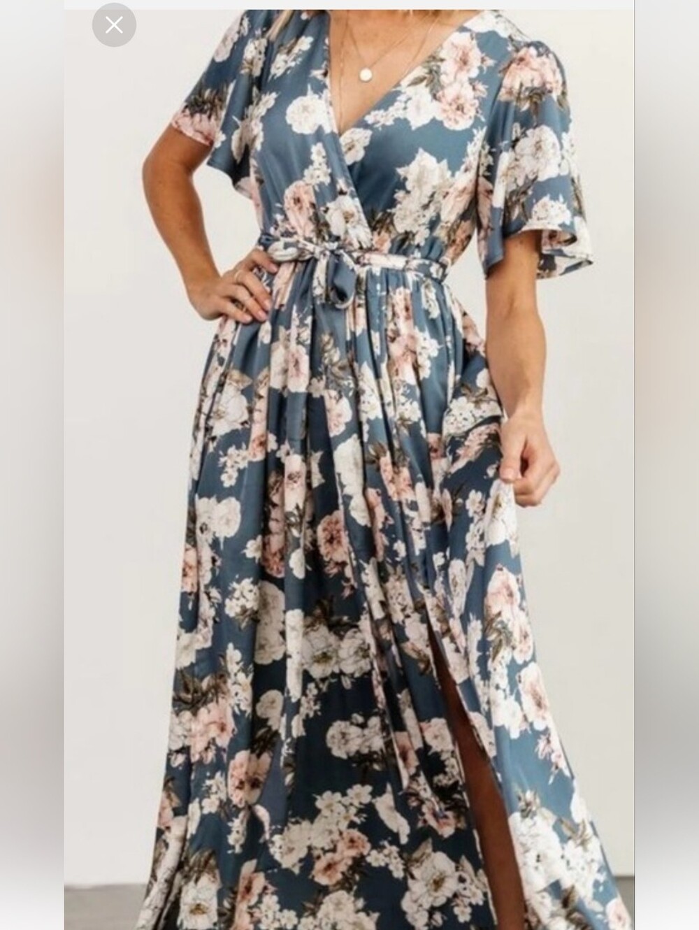 PINK Baltic Born Floral Satin Wrap Surplice V Neck Flutter Sleeve Belted Slit❤️